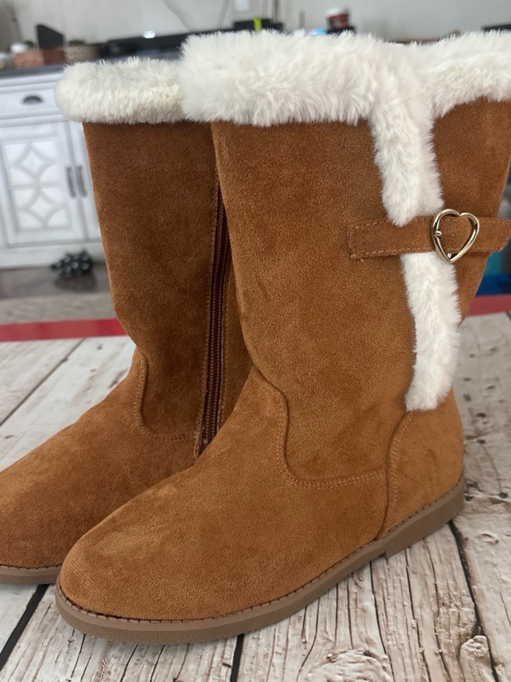 Gymboree Tan Faux-Suede Winter Boots with Cream Faux-Fur Trim